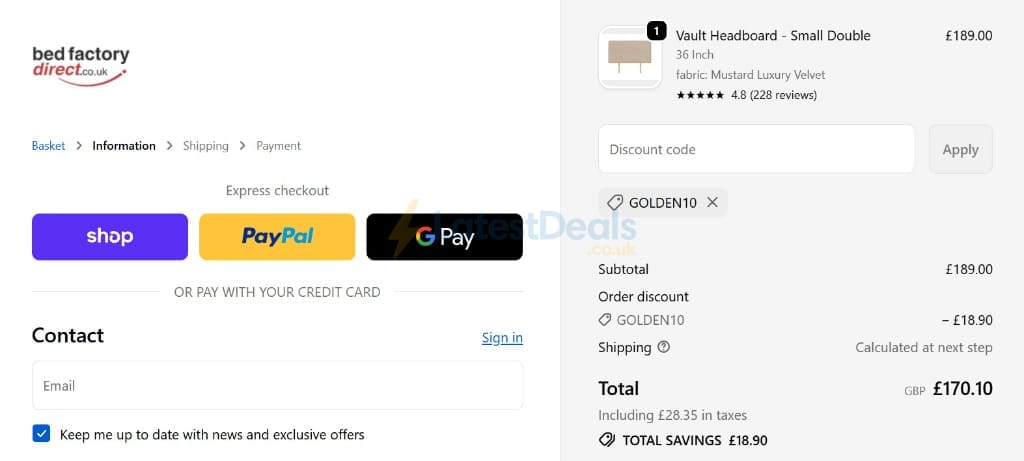 Screenshot of the Bed Factory Direct discount code working