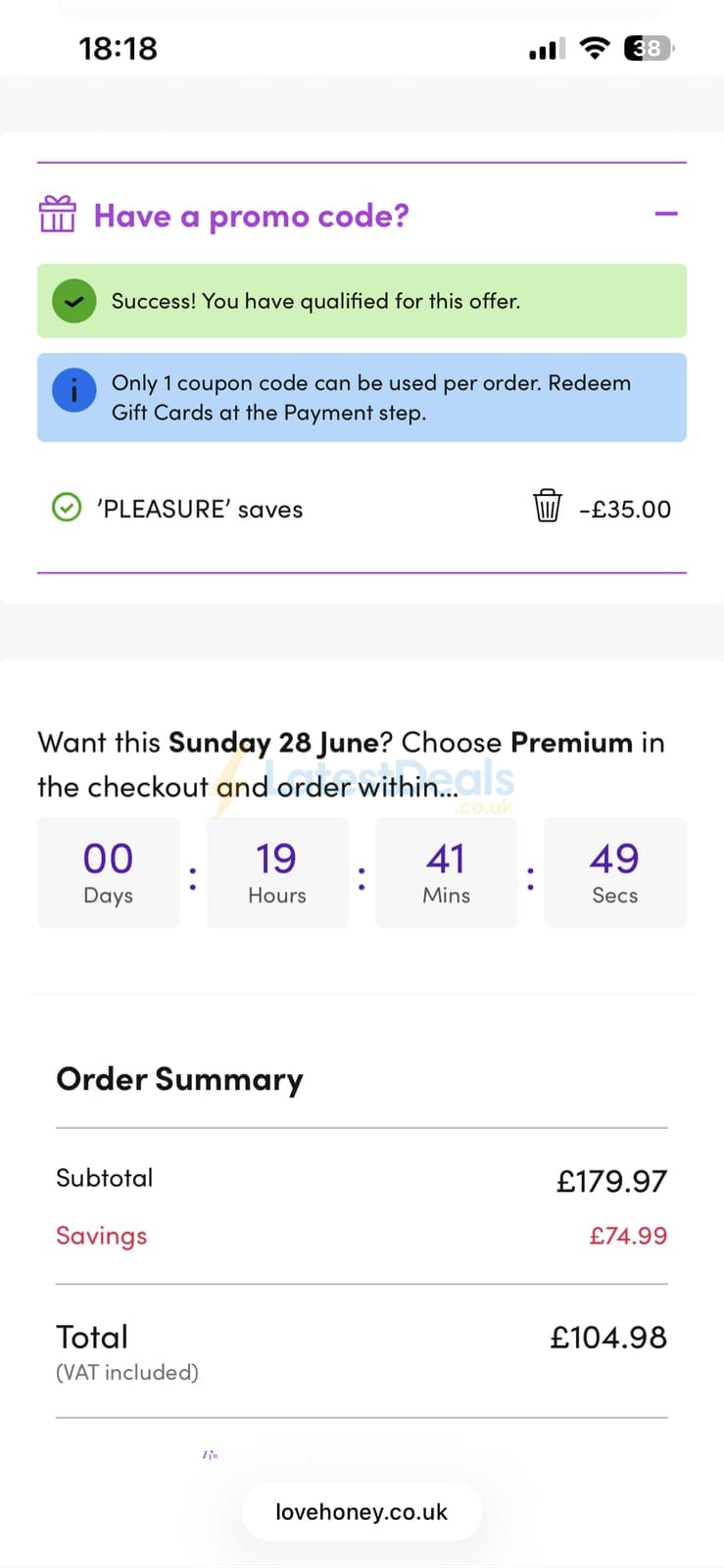 Screenshot of the Lovehoney discount code working