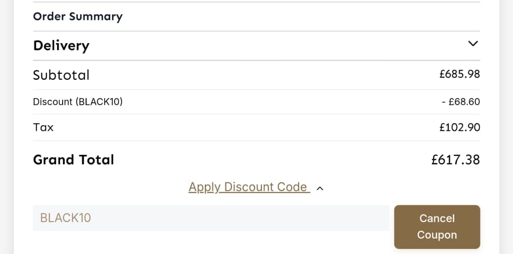 Screenshot of the Royal Bathrooms discount code working