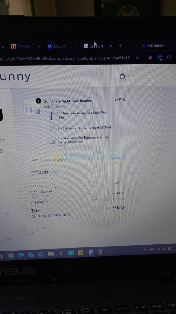 Screenshot of the Skinbunny discount code working