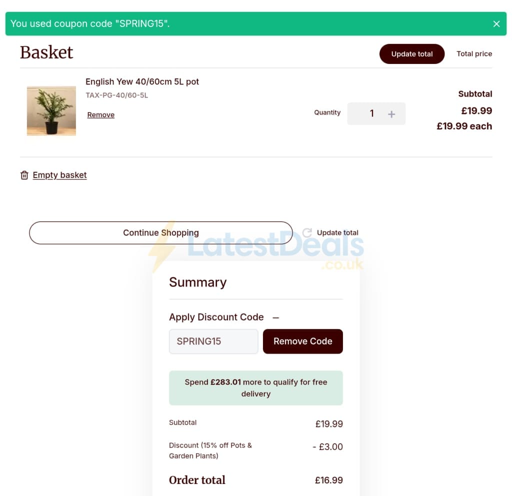 Screenshot of the Hedges Direct discount code working