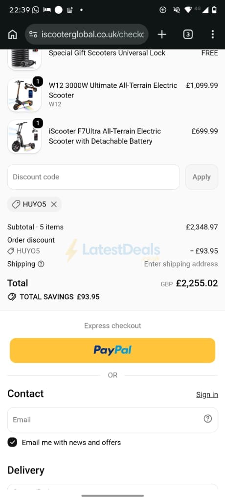 Screenshot of the iScooter discount code working