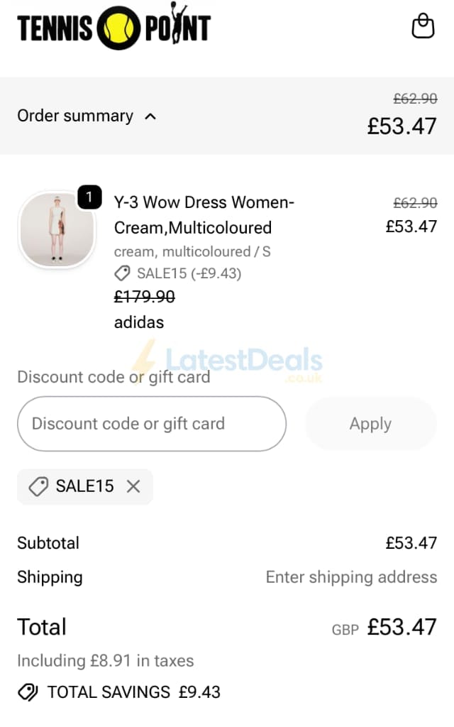 Screenshot of the Tennis Point discount code working