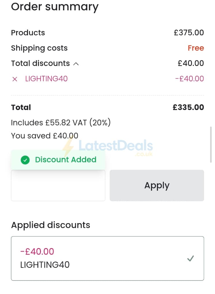 Screenshot of the Lighting Direct discount code working