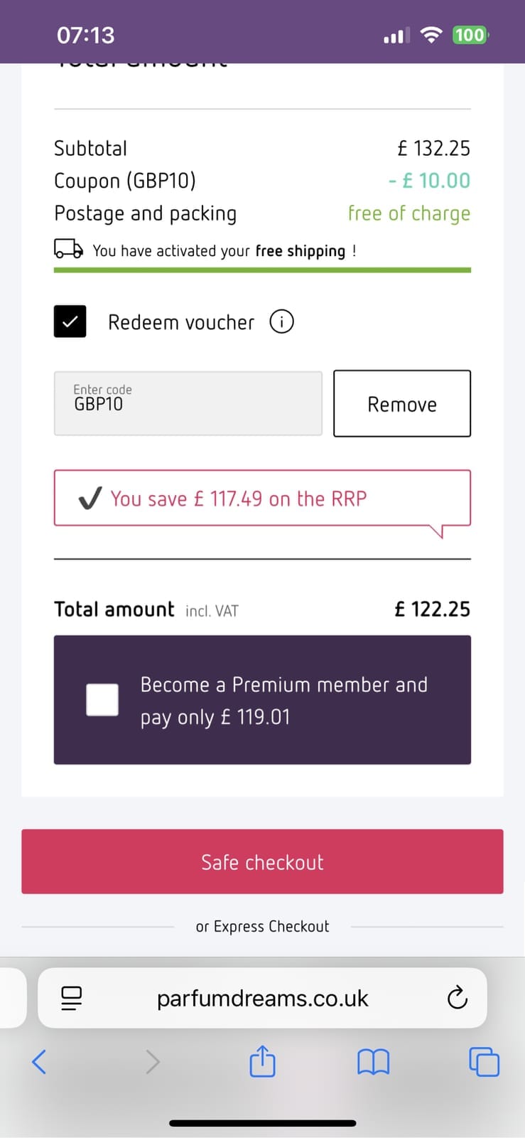 Screenshot of the Parfumdreams discount code working