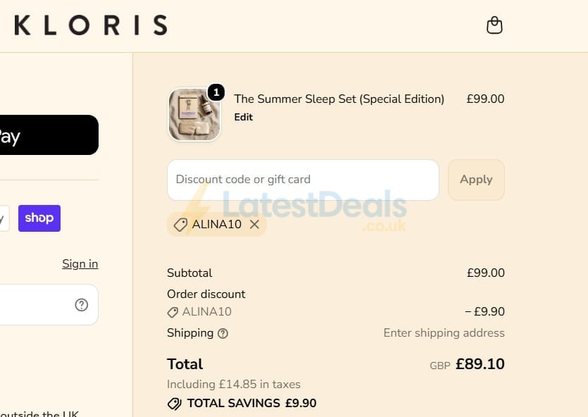 Screenshot of the Kloris discount code working