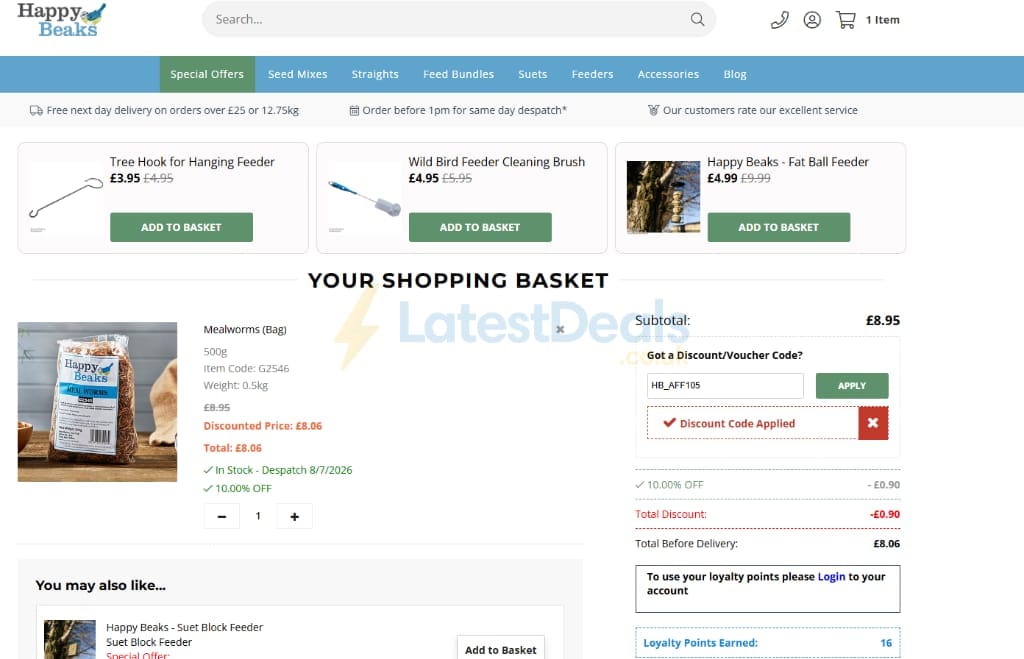 Screenshot of the Happy Beaks discount code working