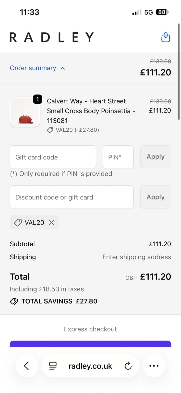 Screenshot of the Radley London discount code working