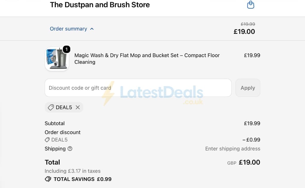 Screenshot of the The Dustpan and Brush Store discount code working