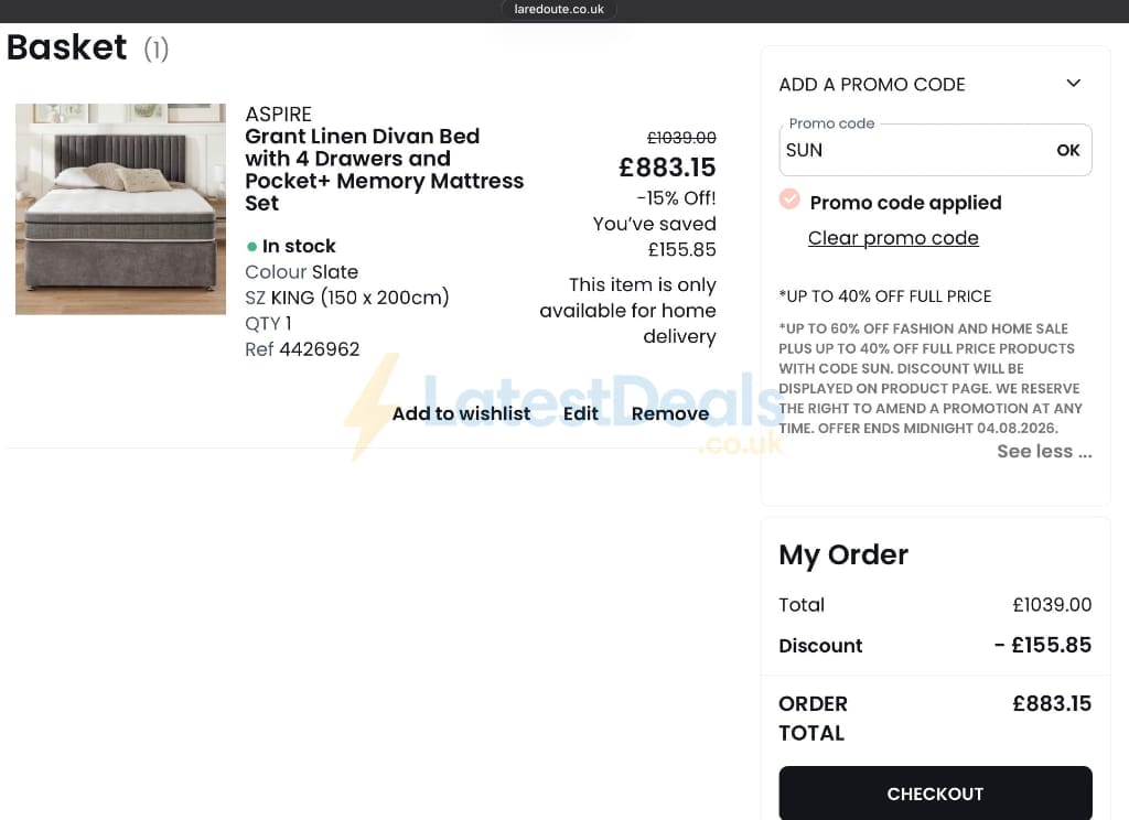 Screenshot of the La Redoute discount code working