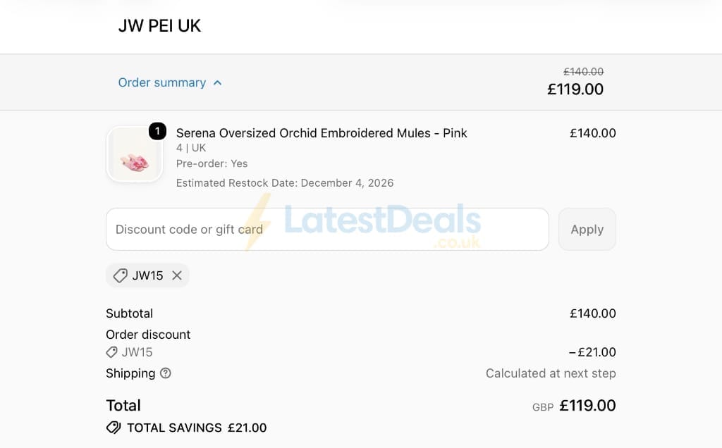 Screenshot of the JW PEI discount code working