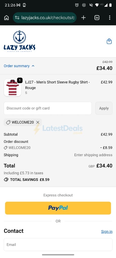 Screenshot of the Lazy Jacks discount code working
