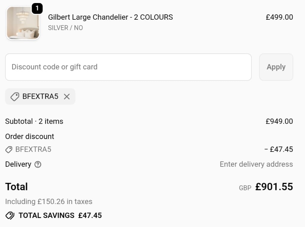 Screenshot of the The Lighting Vault discount code working