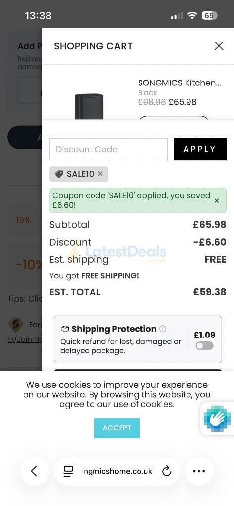Screenshot of the Songmics discount code working