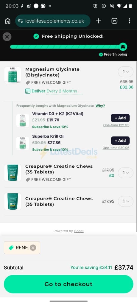 Screenshot of the Love Life Supplements discount code working