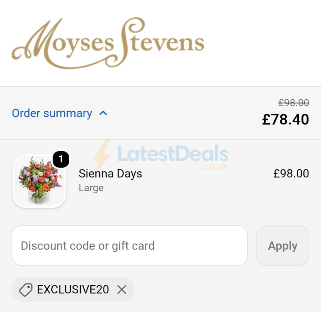 Screenshot of the Moyses Stevens discount code working