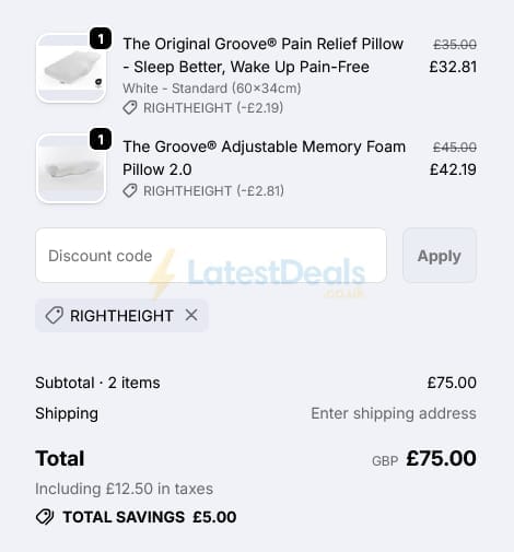 Screenshot of the Groove Pillows discount code working