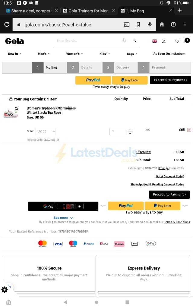 Screenshot of the Gola discount code working