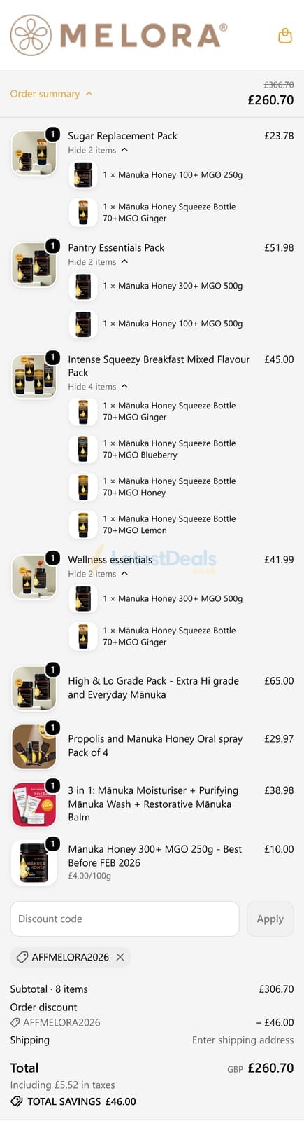 Screenshot of the Melora UK discount code working