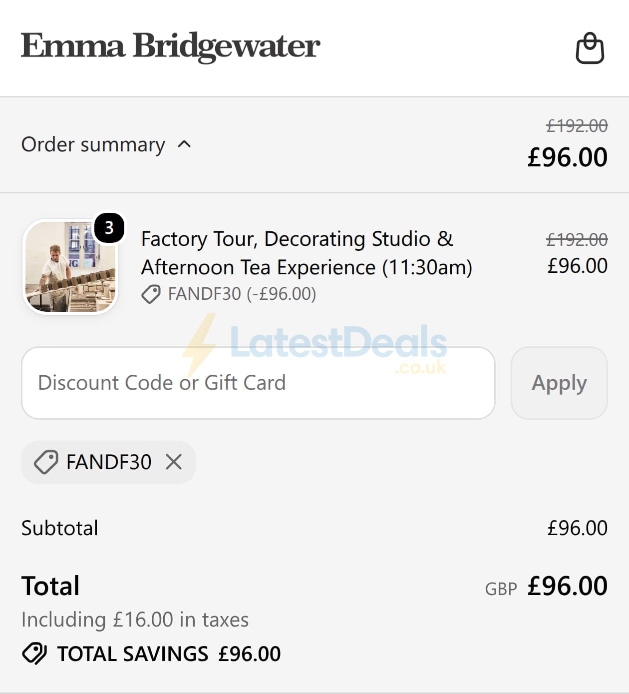 Screenshot of the Emma Bridgewater discount code working