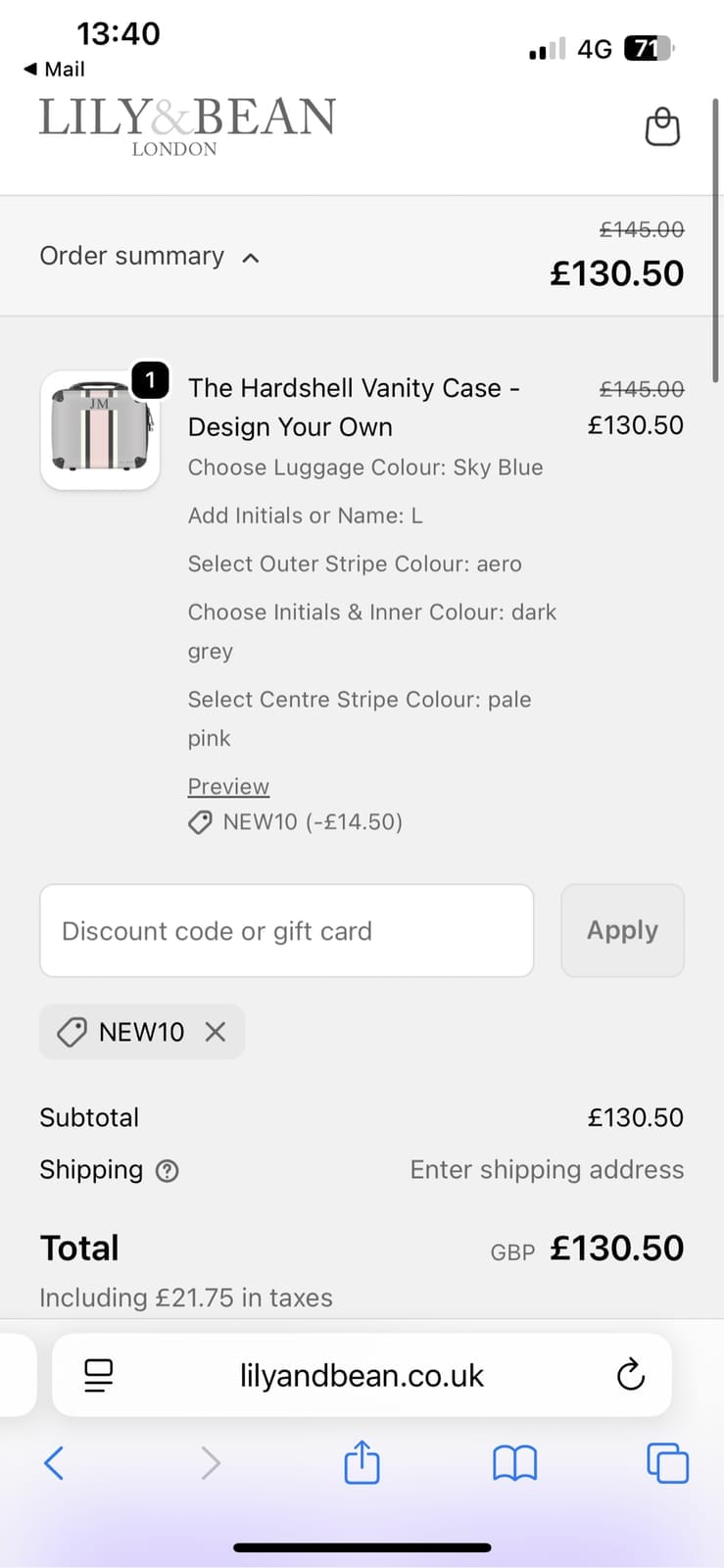 Screenshot of the Lily and Bean discount code working