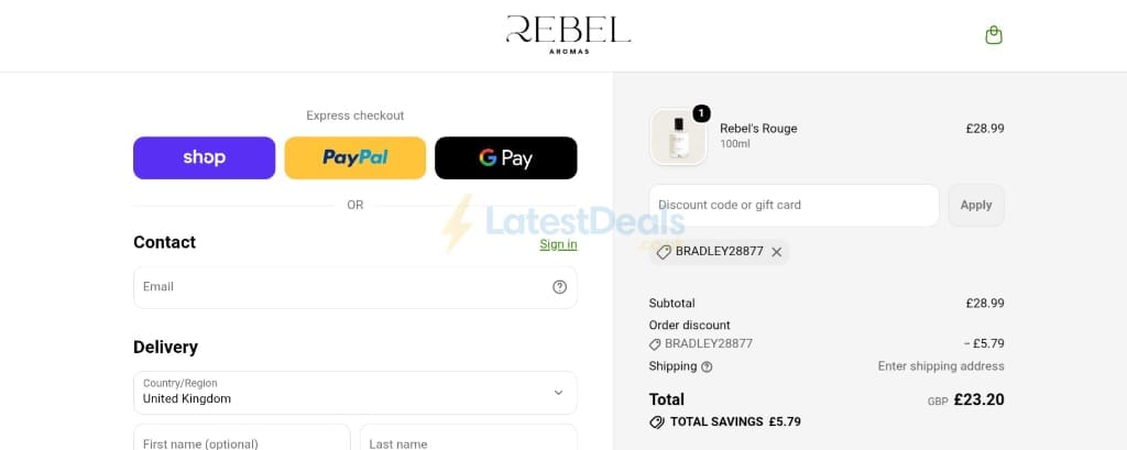 Screenshot of the Rebel Aromas discount code working