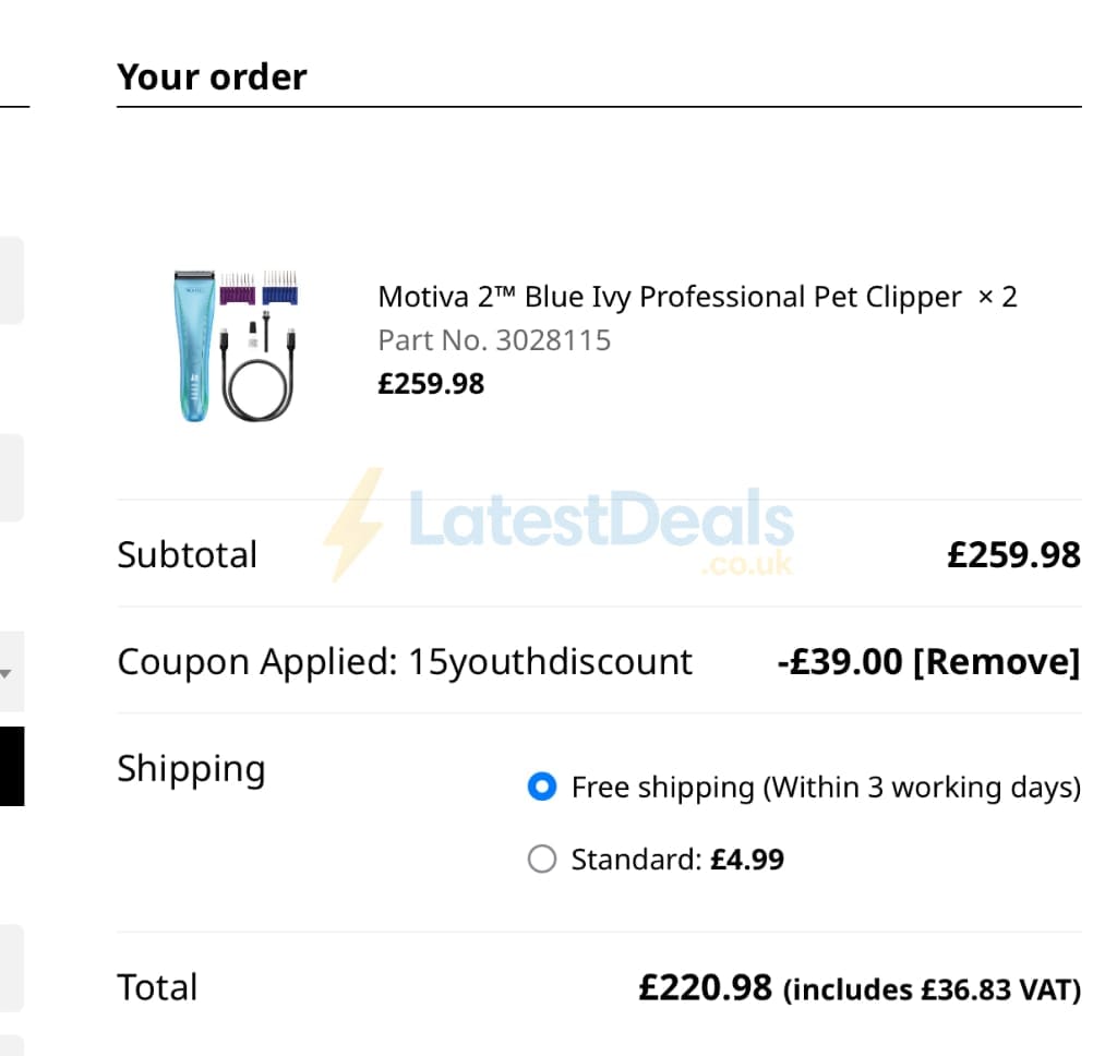 Screenshot of the Wahl discount code working