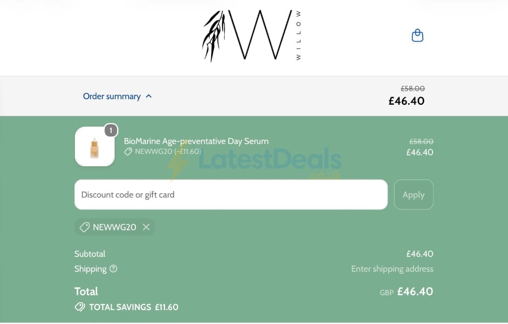 Screenshot of the Willow Beauty discount code working