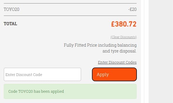 Screenshot of the RAC Tyres discount code working