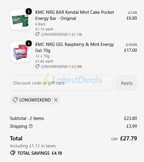 Screenshot of the Kendal Mint Co. discount code working
