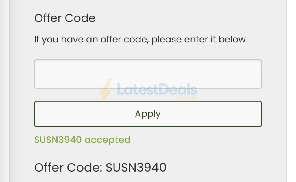 Screenshot of the Suttons discount code working