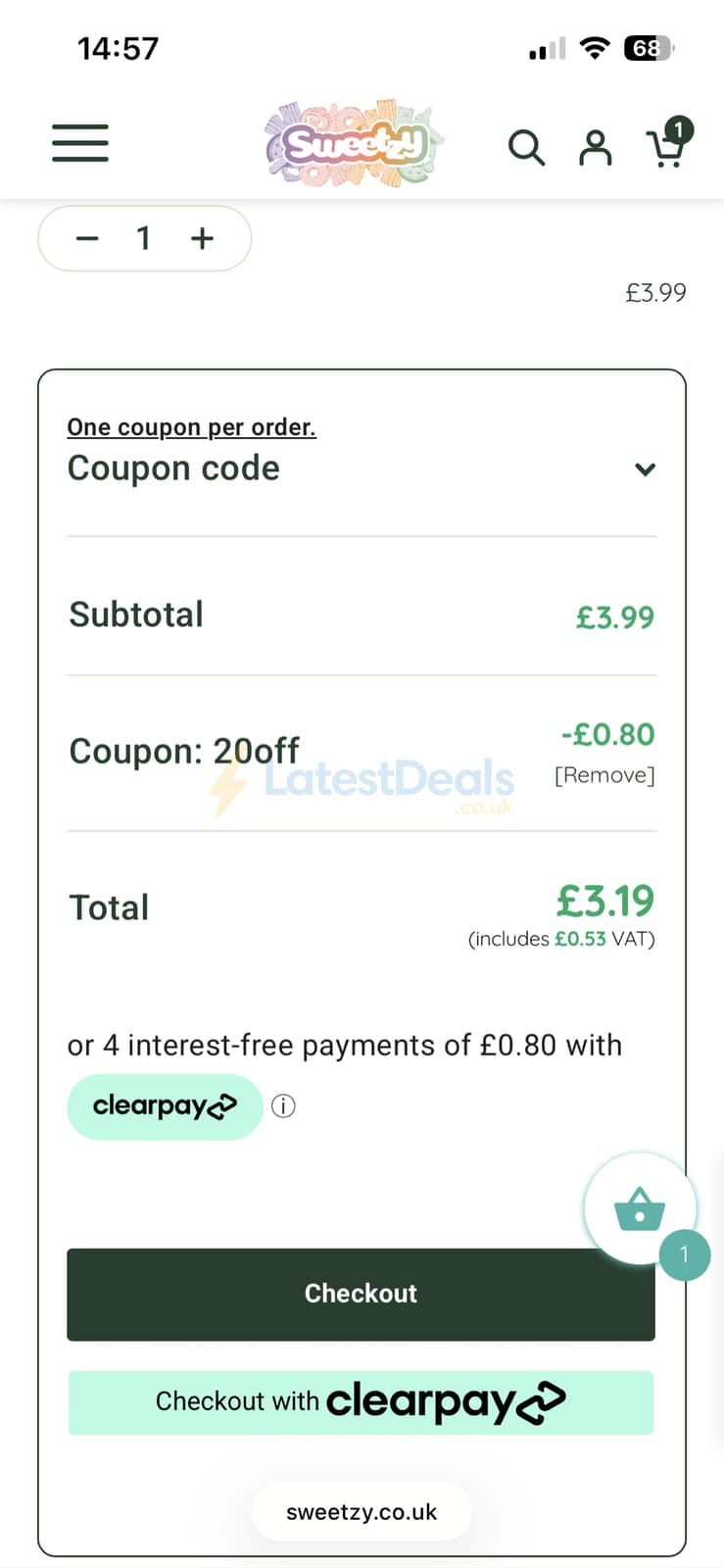 Screenshot of the Sweetzy discount code working