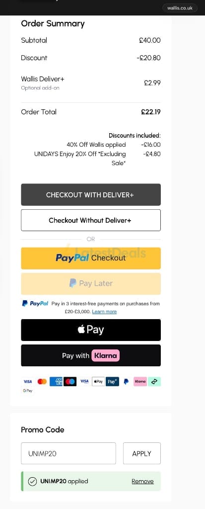 Screenshot of the Wallis discount code working