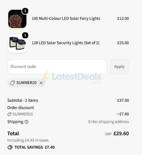 Screenshot of the SPV Lights discount code working