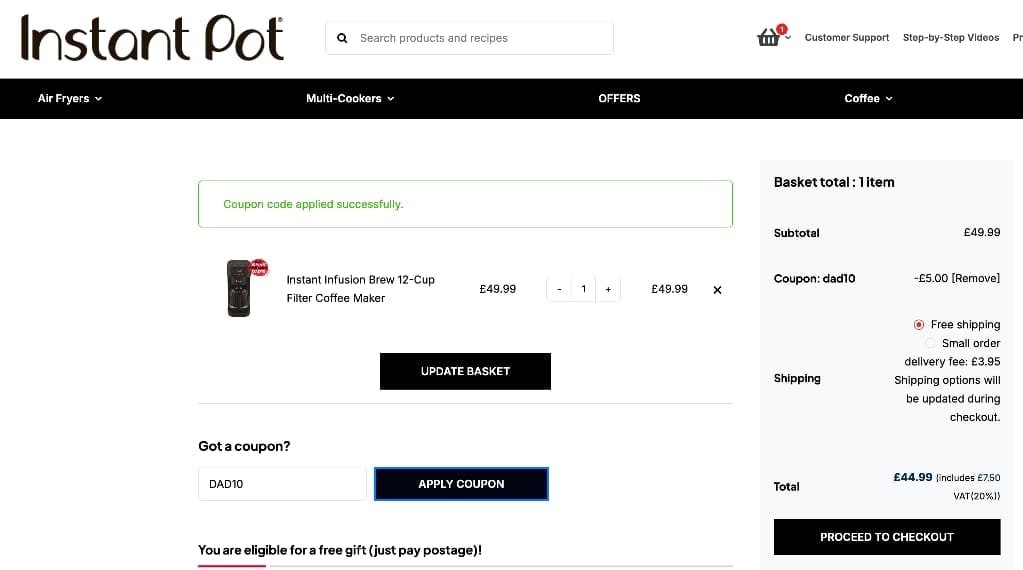 Screenshot of the Instant Pot discount code working