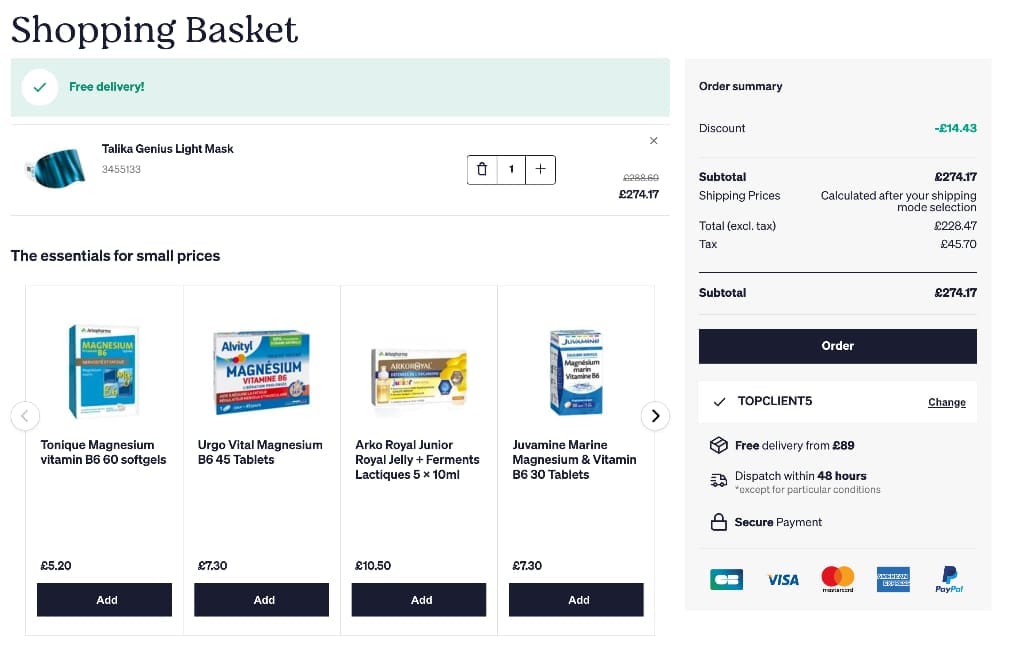 Screenshot of the Sanareva discount code working