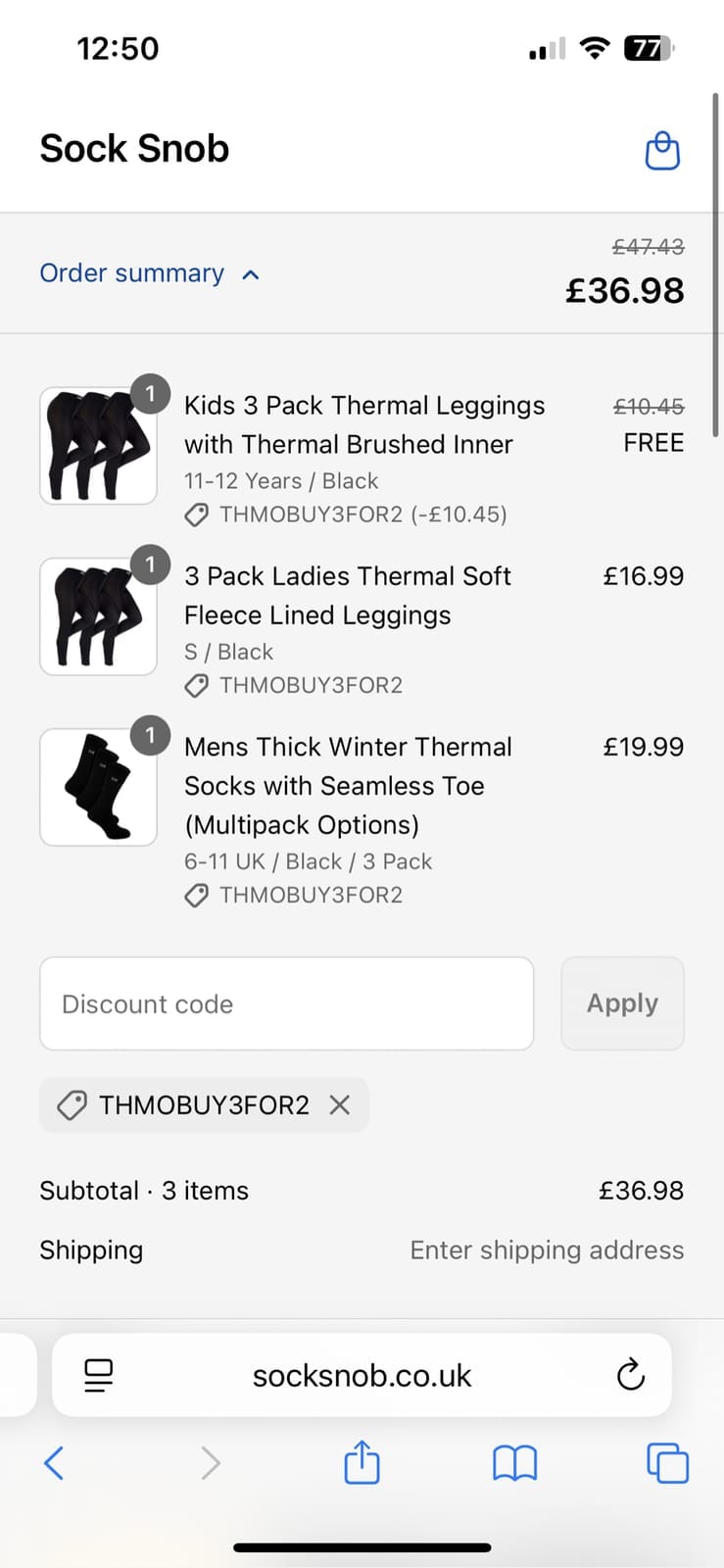 Screenshot of the Sock Snob discount code working