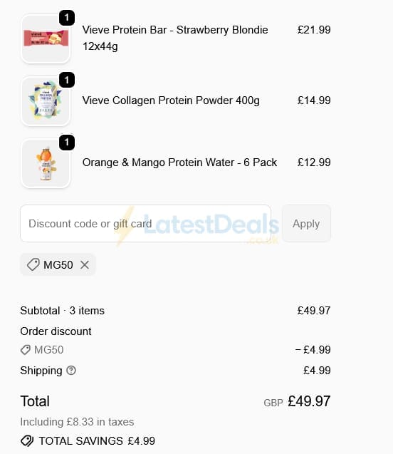 Screenshot of the Vieve discount code working