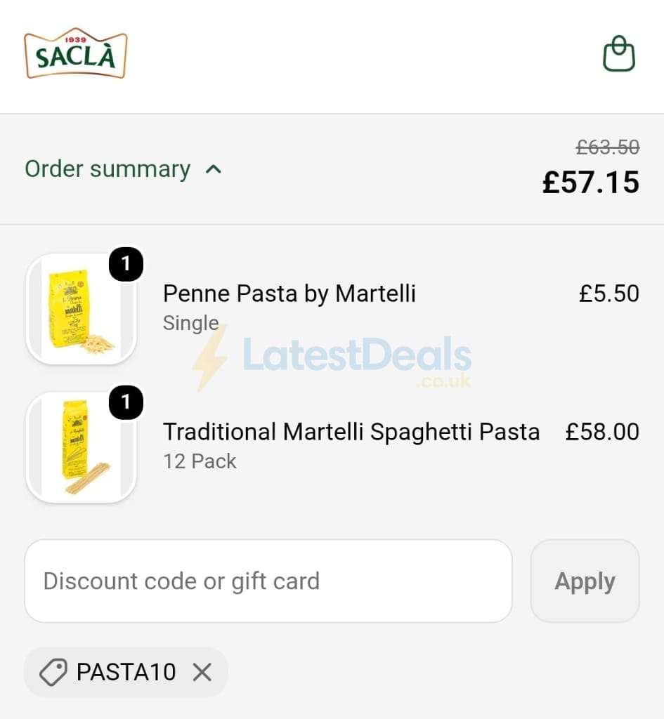 Screenshot of the Sacla discount code working