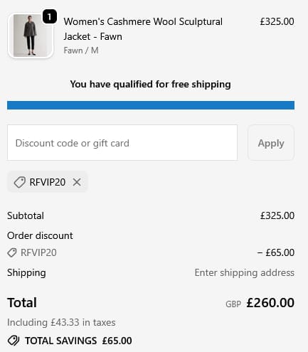 Screenshot of the RISE & FALL discount code working