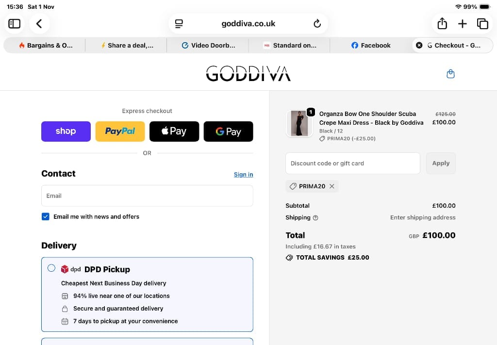 Screenshot of the Goddiva discount code working