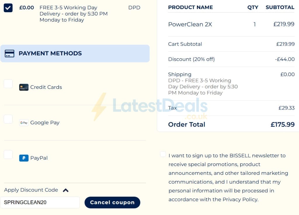 Screenshot of the Bissell discount code working