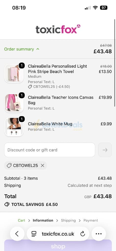 Screenshot of the Toxicfox discount code working