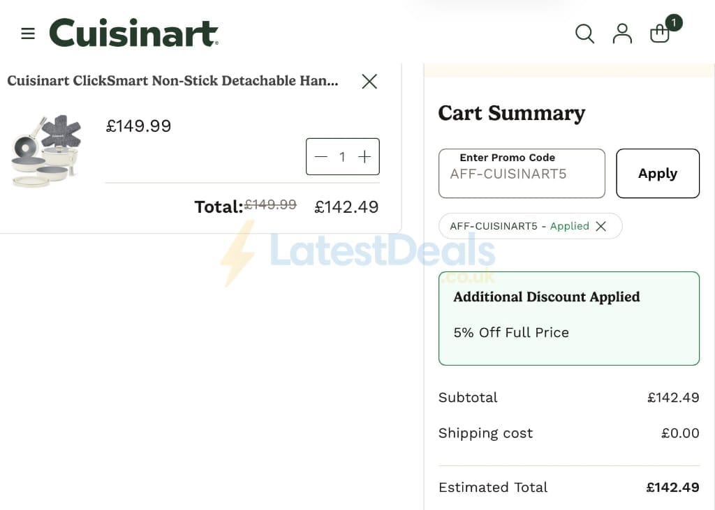 Screenshot of the Cuisinart discount code working