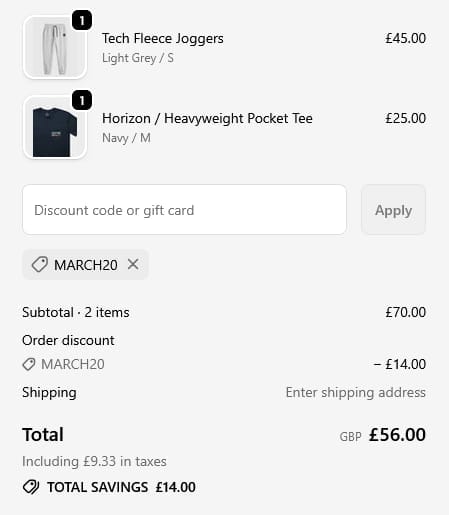 Screenshot of the High Hope discount code working