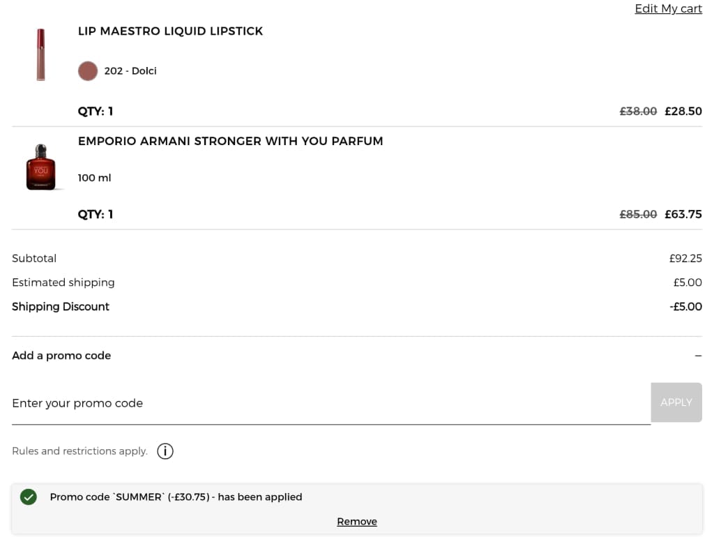 Screenshot of the Armani Beauty discount code working
