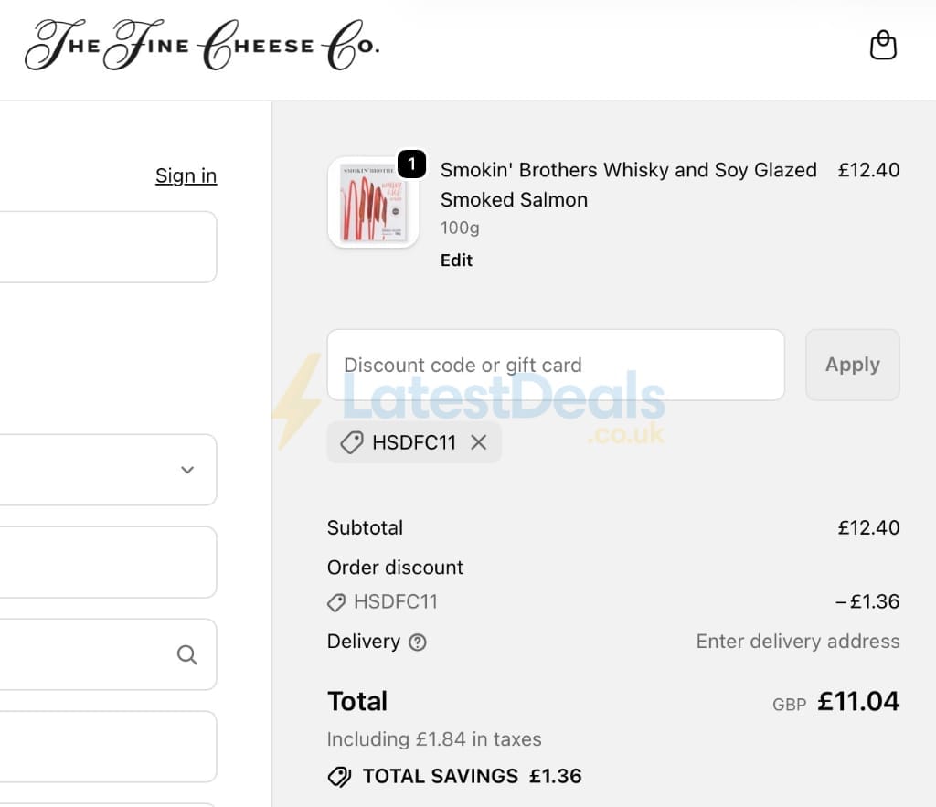 Screenshot of the Finecheese discount code working
