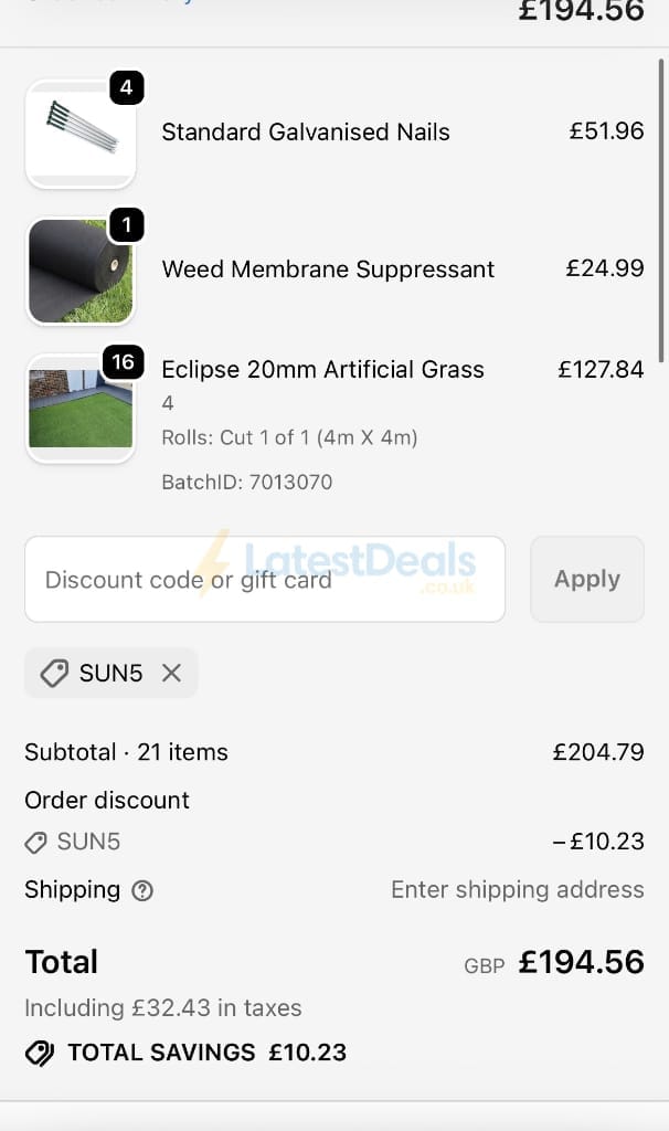 Screenshot of the GrassWarehouse discount code working