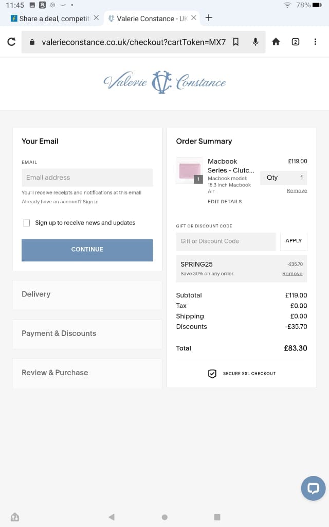 Screenshot of the Valerie Constance discount code working