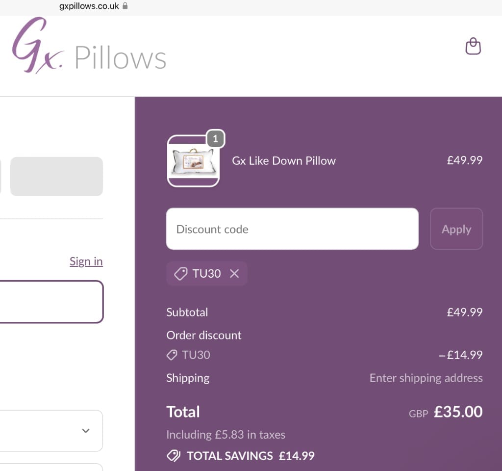 Screenshot of the Gx Pillows discount code working